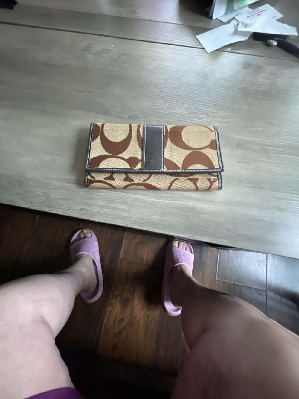 Coach Legacy Signature Leather Stripe Checkbook Trifold Clutch Wallet Brown